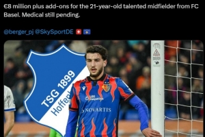 记者：霍芬海姆接近签下巴塞尔中场阿夫杜拉乌，转会费800万欧